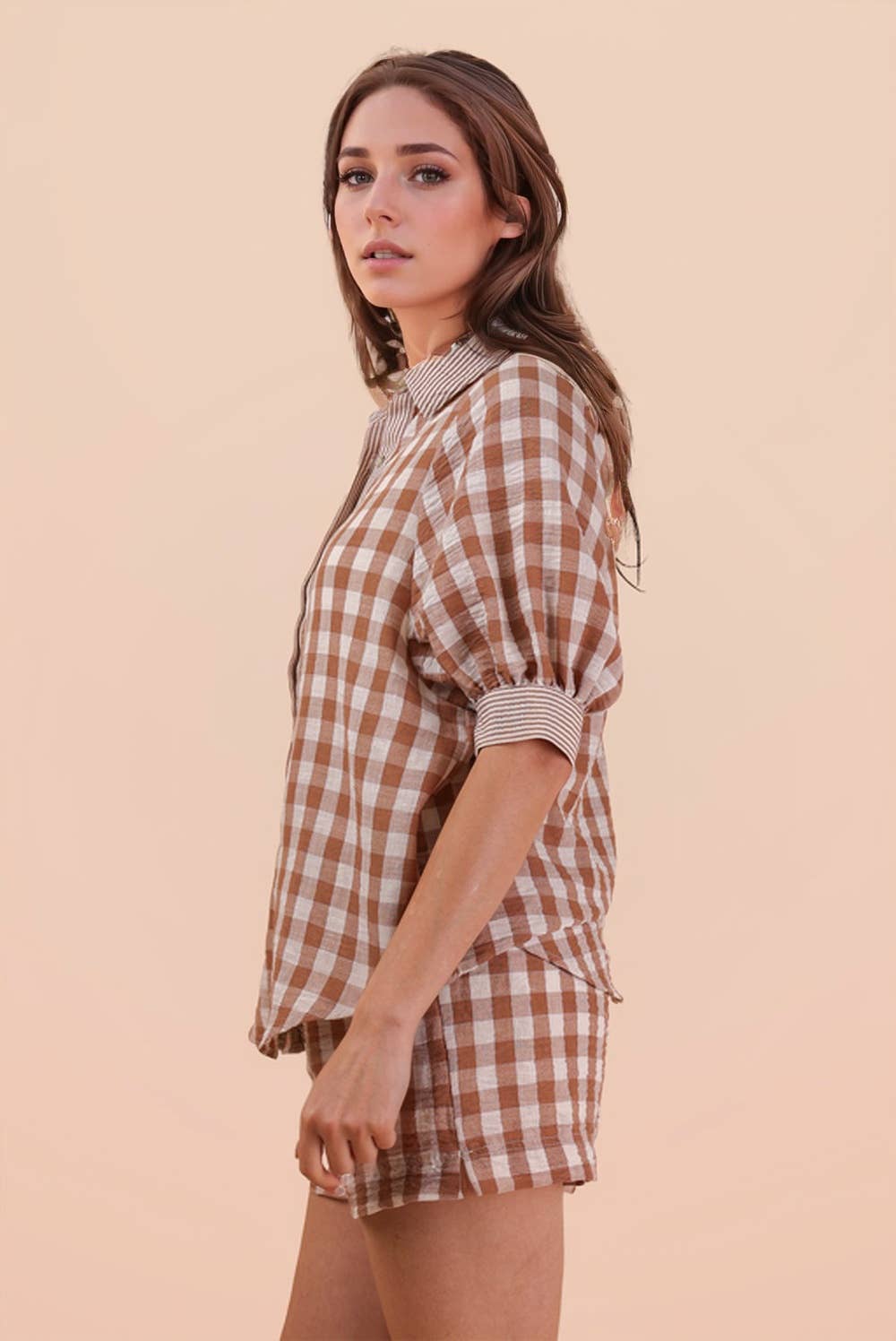 Plaid Checkered Shirt Top & Shorts Set: MOCHA