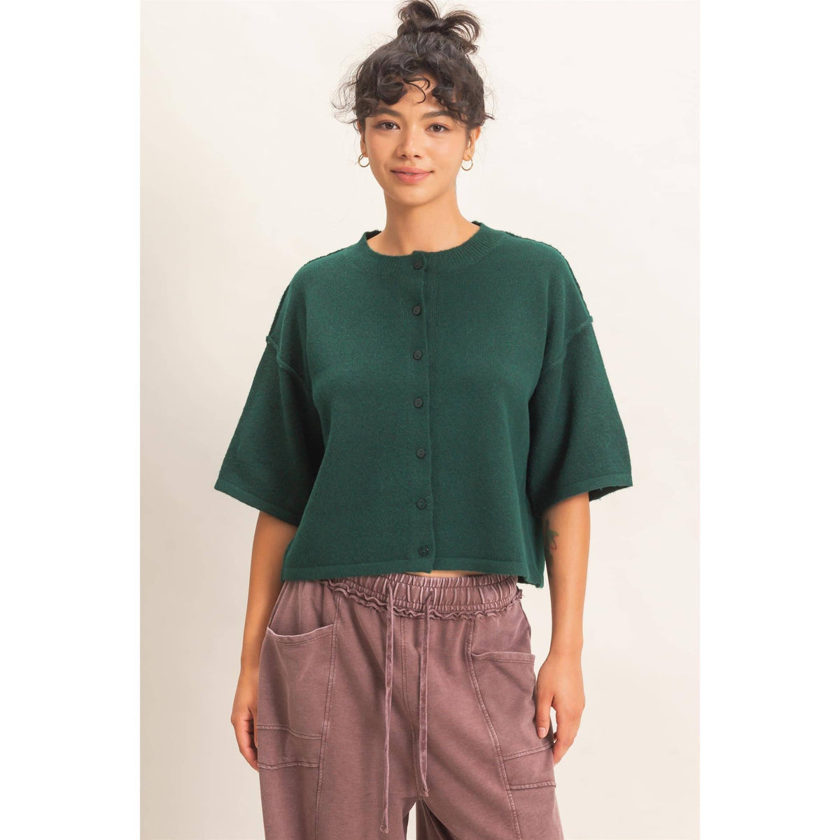Short Sleeve Cardigan: DARK GREEN