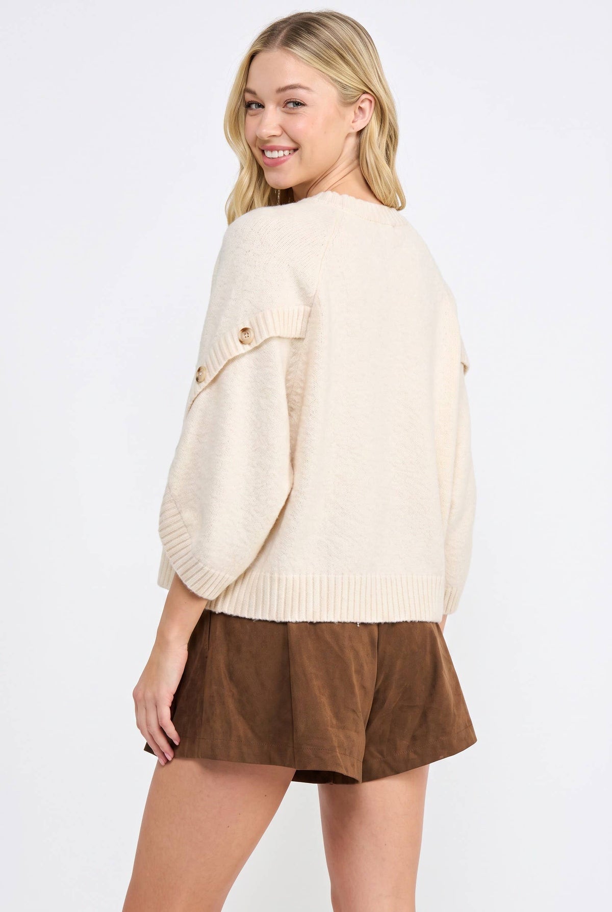 KNIT  SWEATER PULLOVER W BUTTON SLEEVE