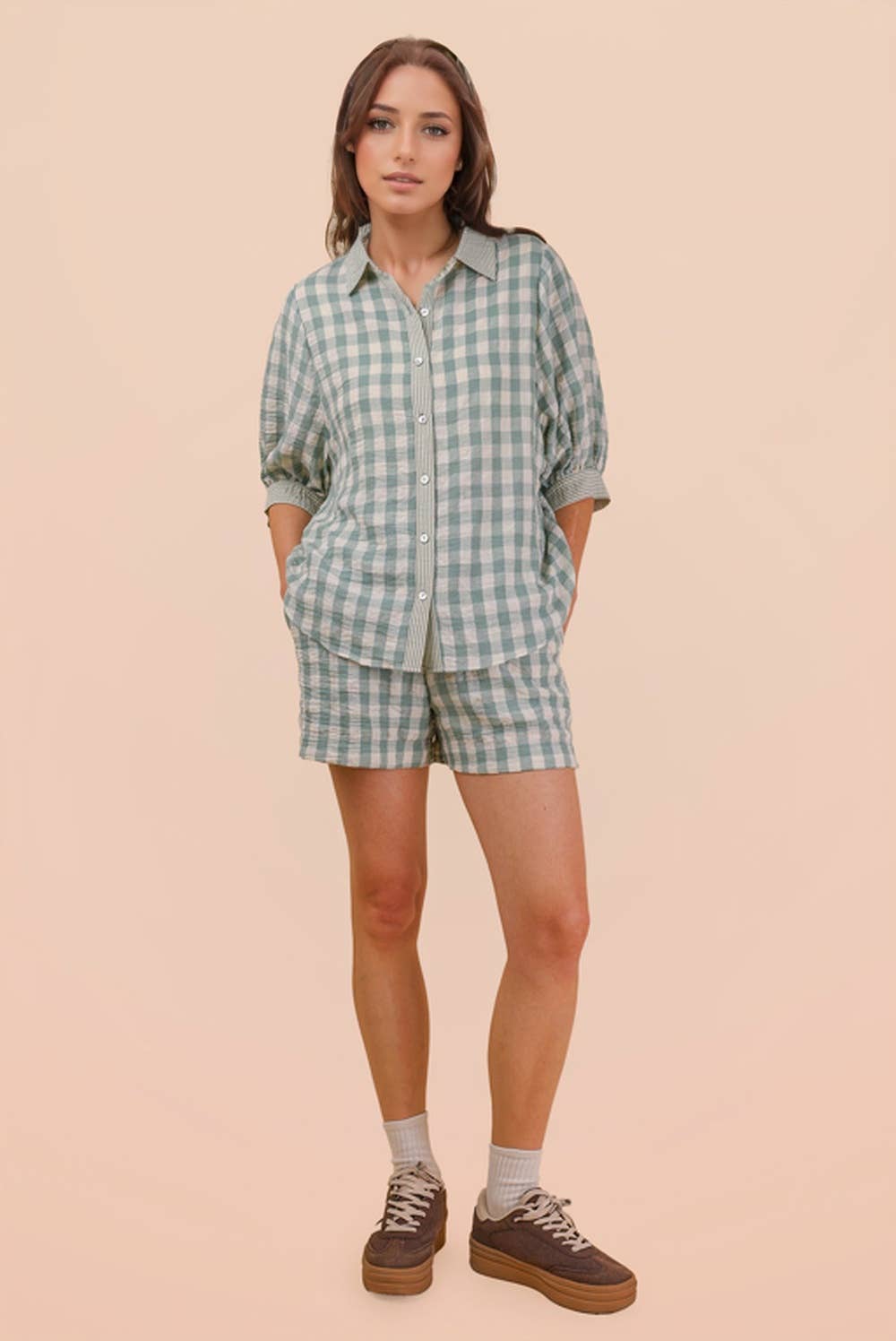 Plaid Checkered Shirt Top & Shorts Set: SAGE