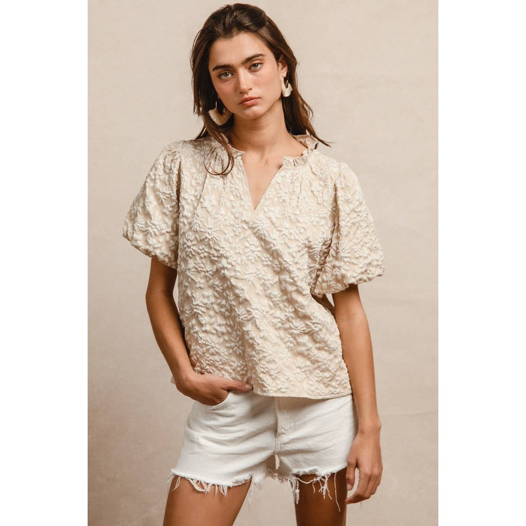 FLORAL PATTERN RUFFLED V-NECK TOP: FUCHSIA