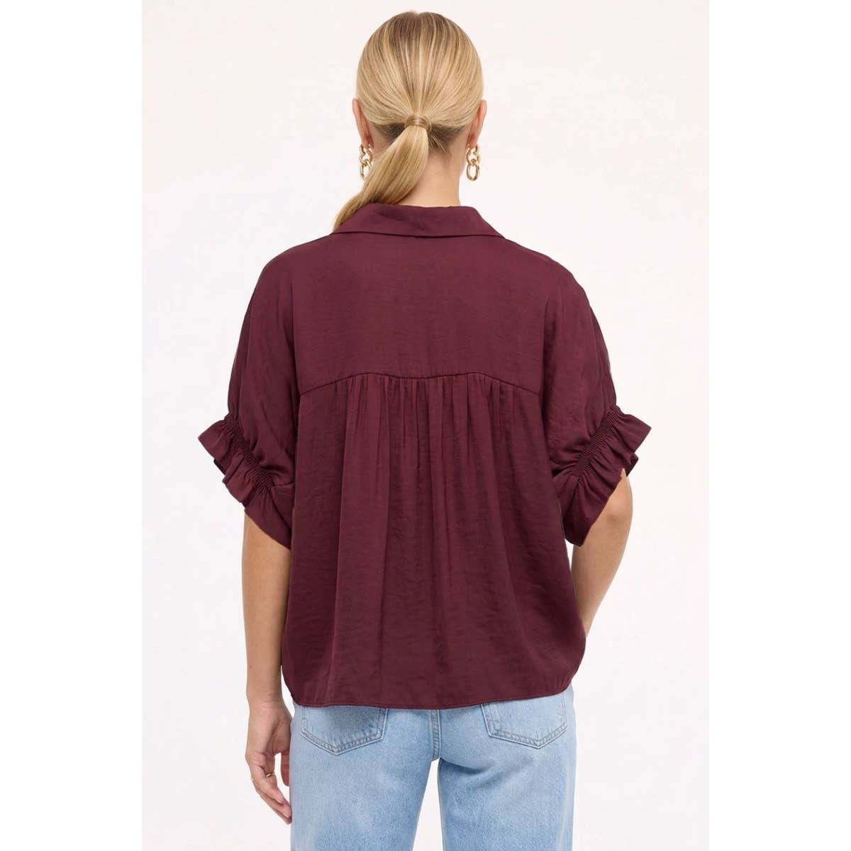 Short Ruffle Sleeve Button-up Blouse: Wine