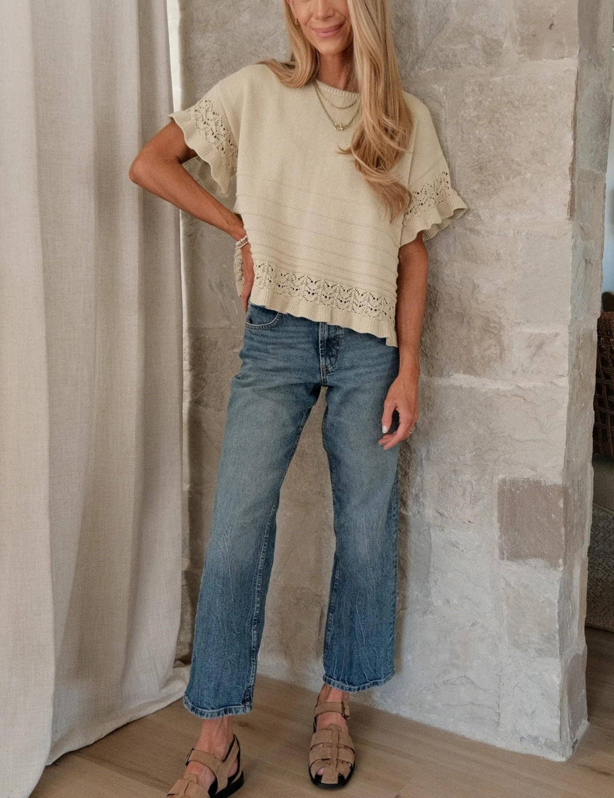 Knit Top- Ruffle Sleeve: Khaki