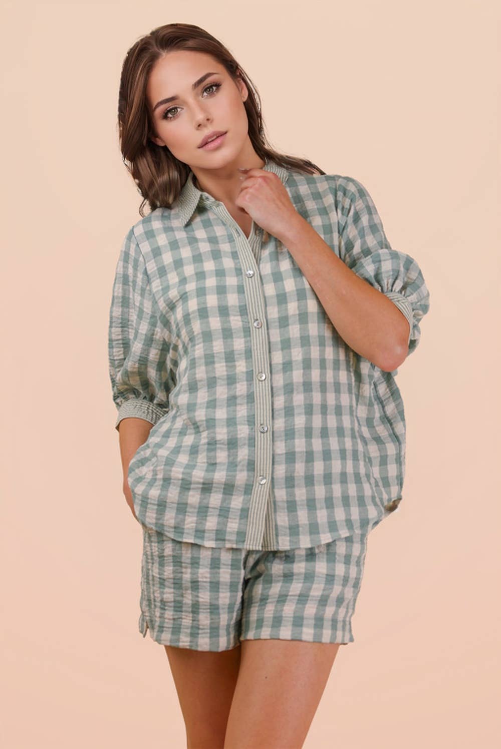 Plaid Checkered Shirt Top & Shorts Set: SAGE
