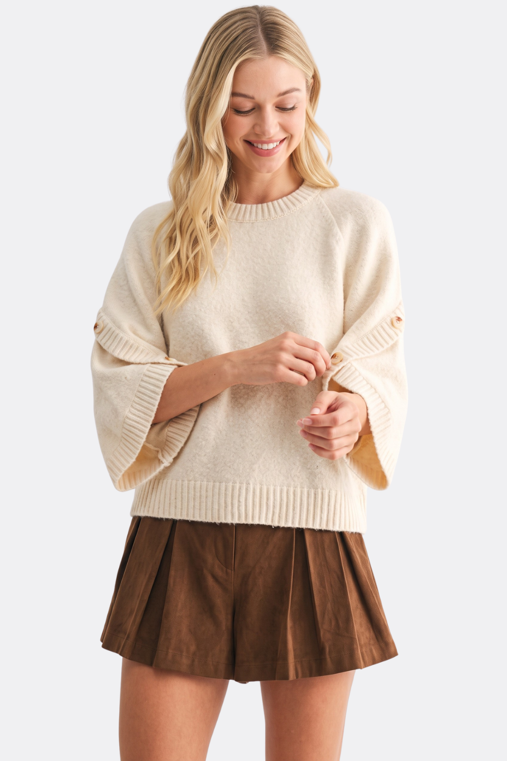 KNIT  SWEATER PULLOVER W BUTTON SLEEVE