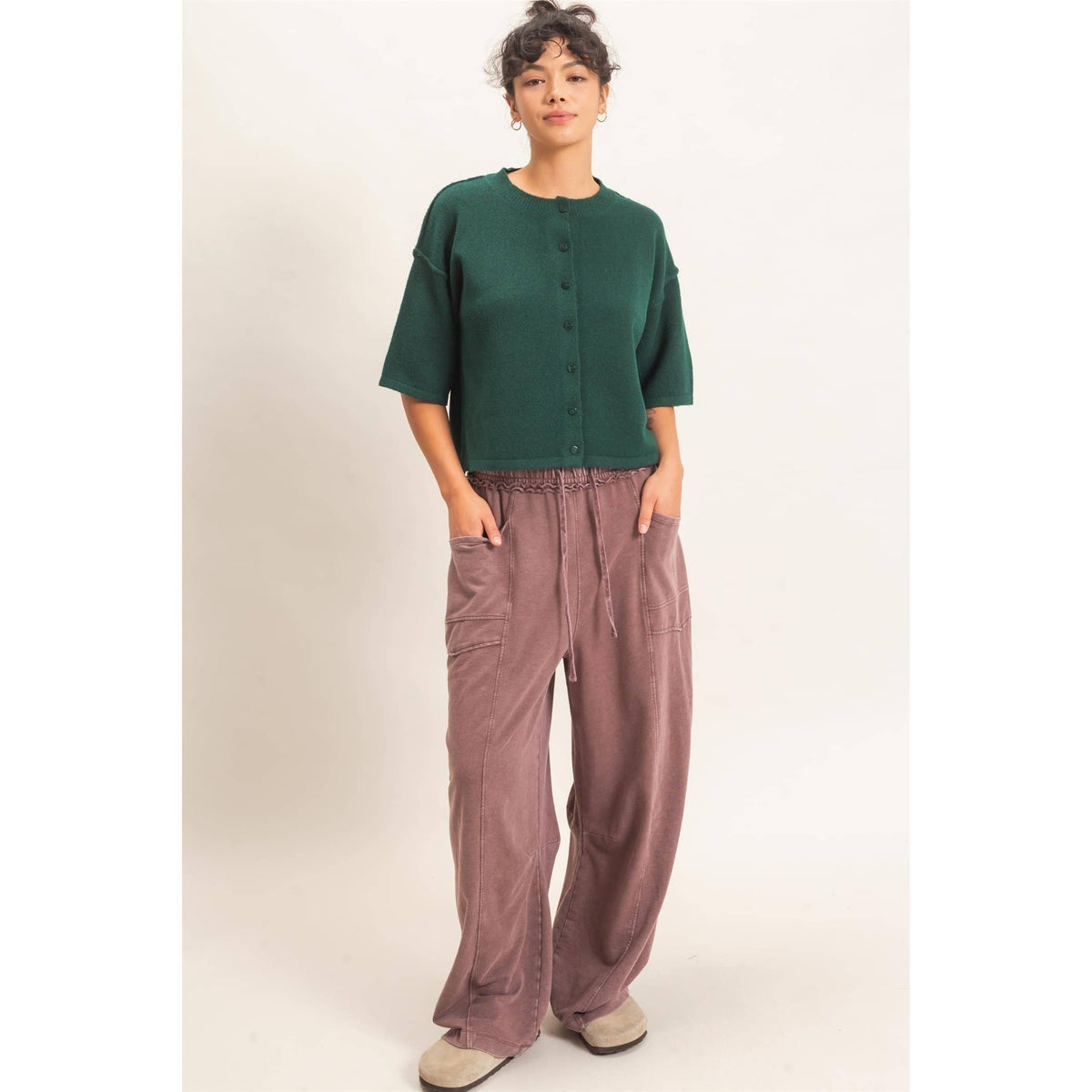 Short Sleeve Cardigan: DARK GREEN