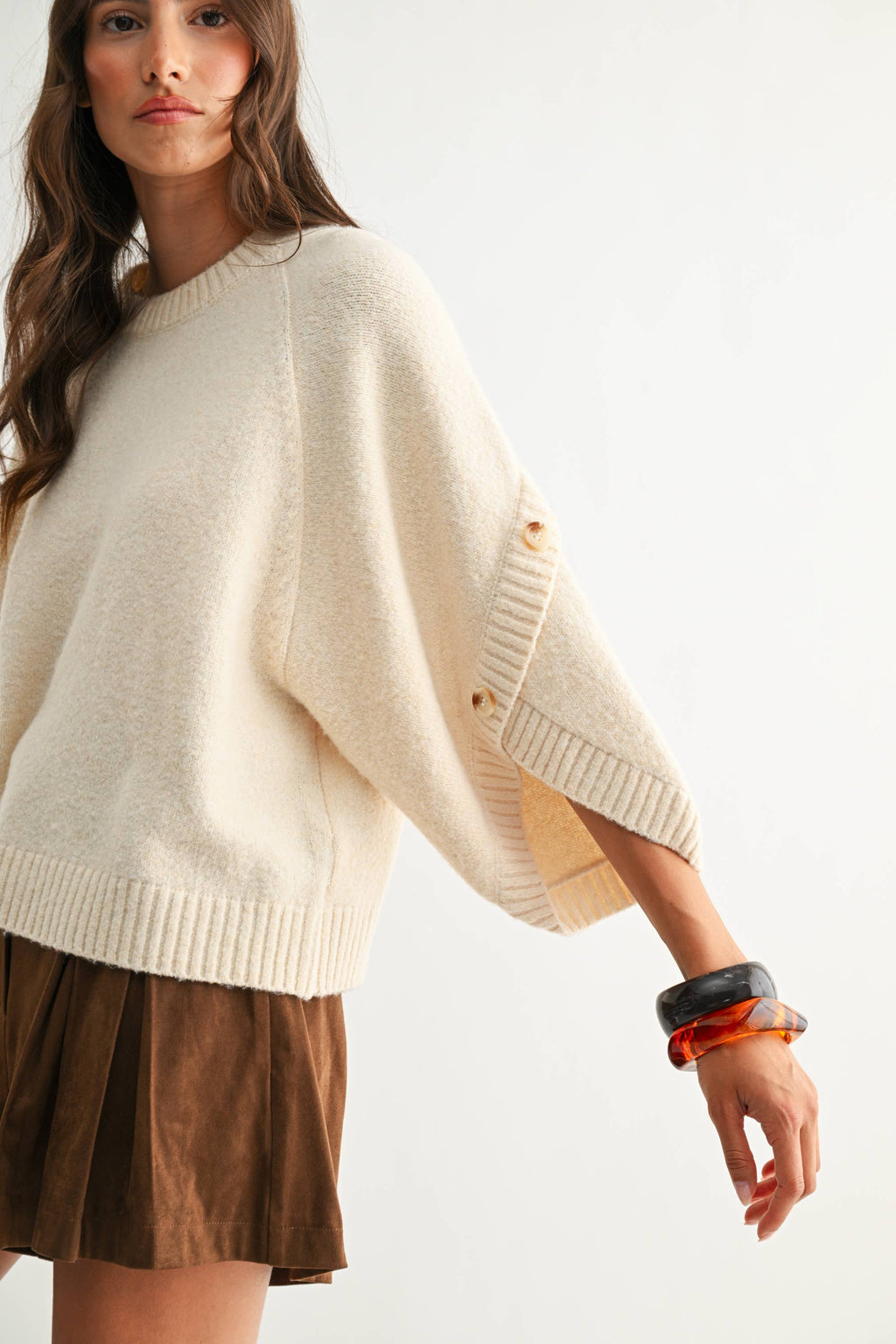 KNIT  SWEATER PULLOVER W BUTTON SLEEVE
