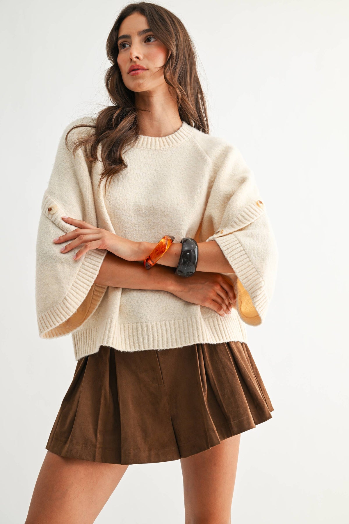 KNIT  SWEATER PULLOVER W BUTTON SLEEVE