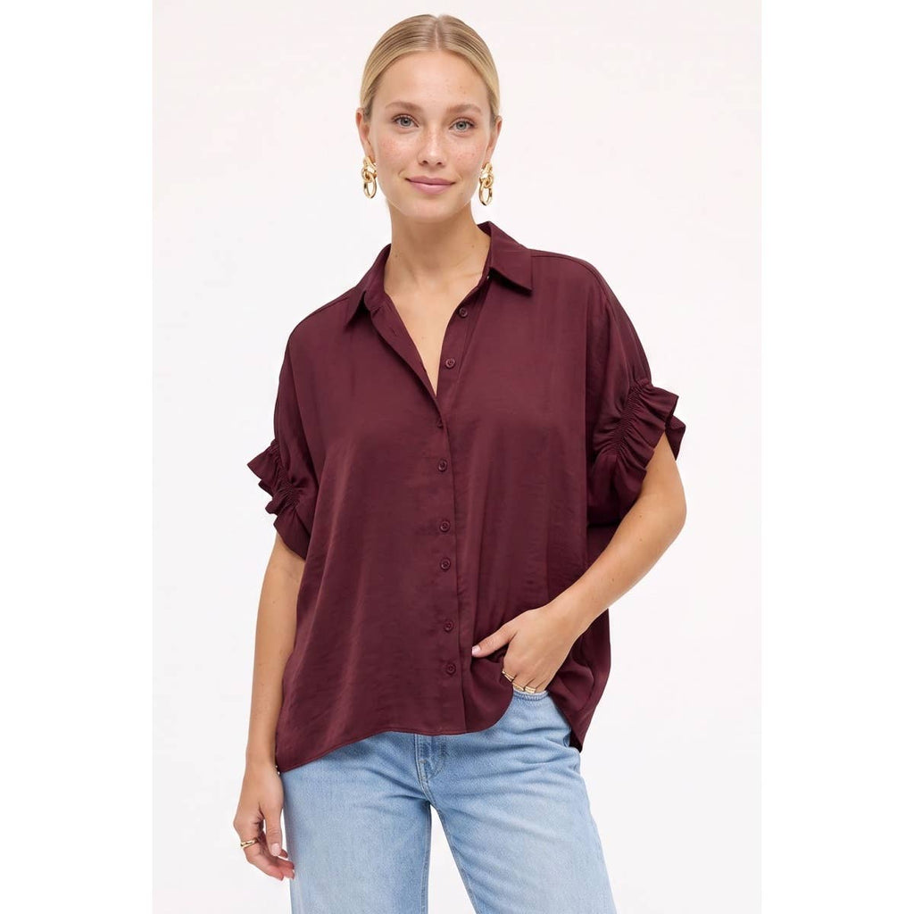 Short Ruffle Sleeve Button-up Blouse: Wine