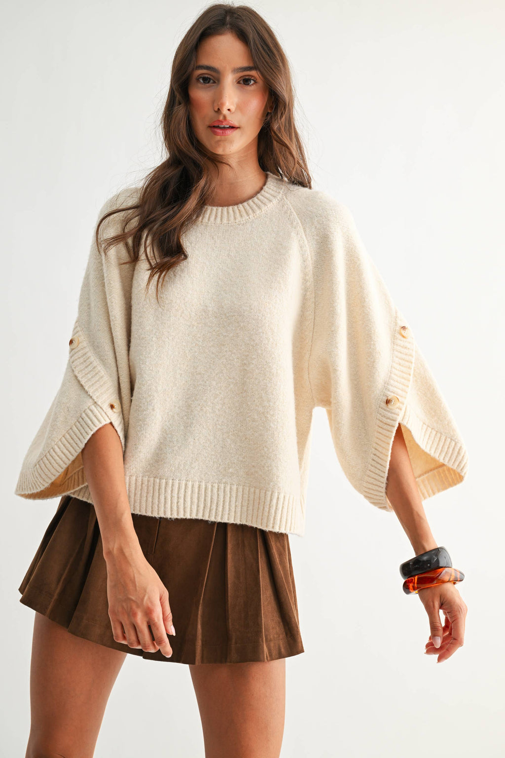 KNIT  SWEATER PULLOVER W BUTTON SLEEVE