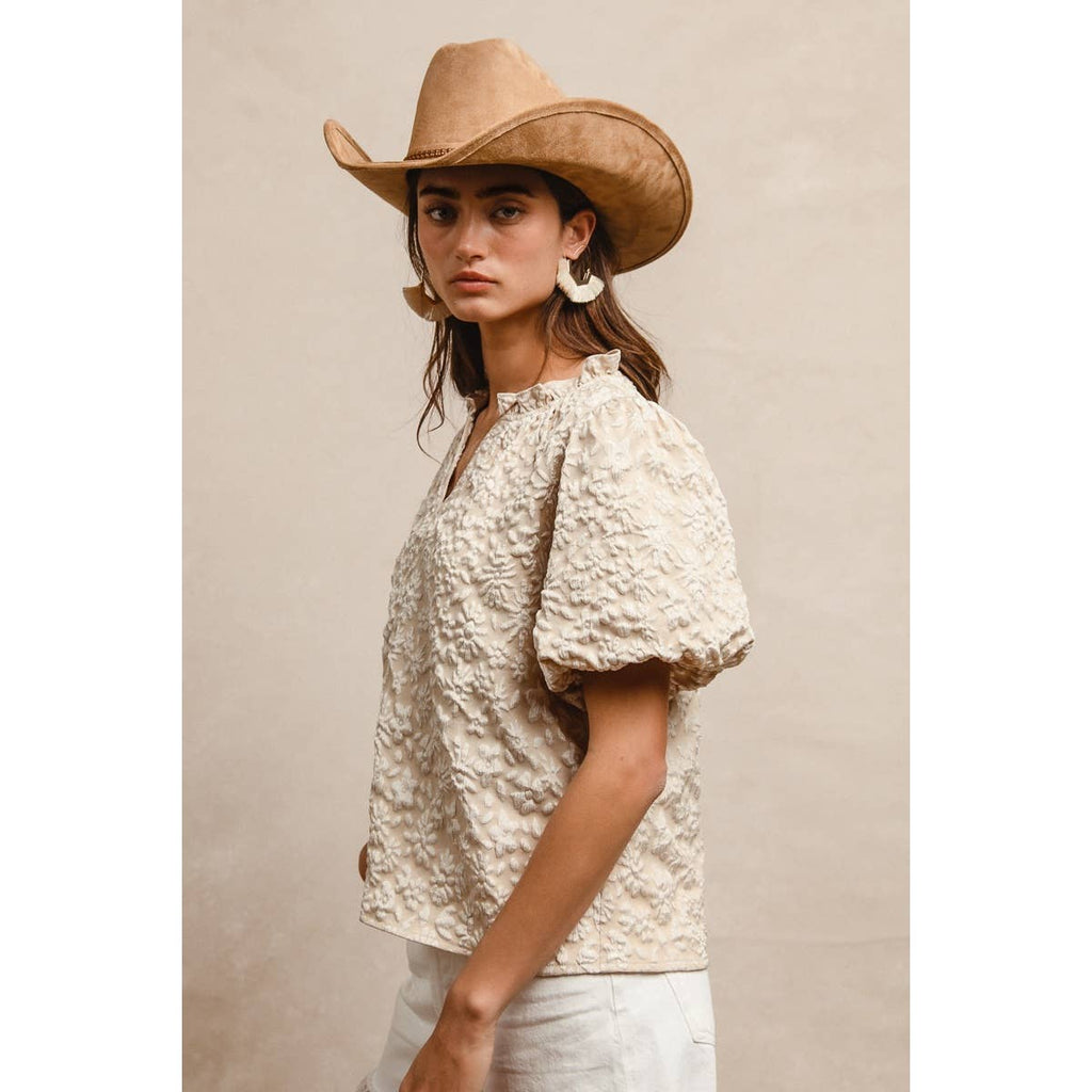 FLORAL PATTERN RUFFLED V-NECK TOP: FUCHSIA