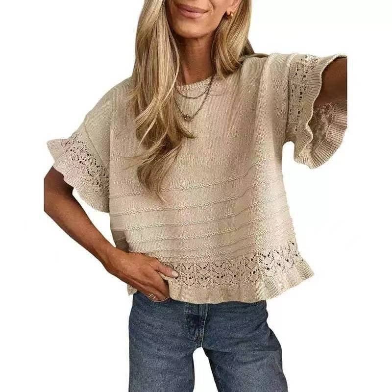 Knit Top- Ruffle Sleeve: Khaki