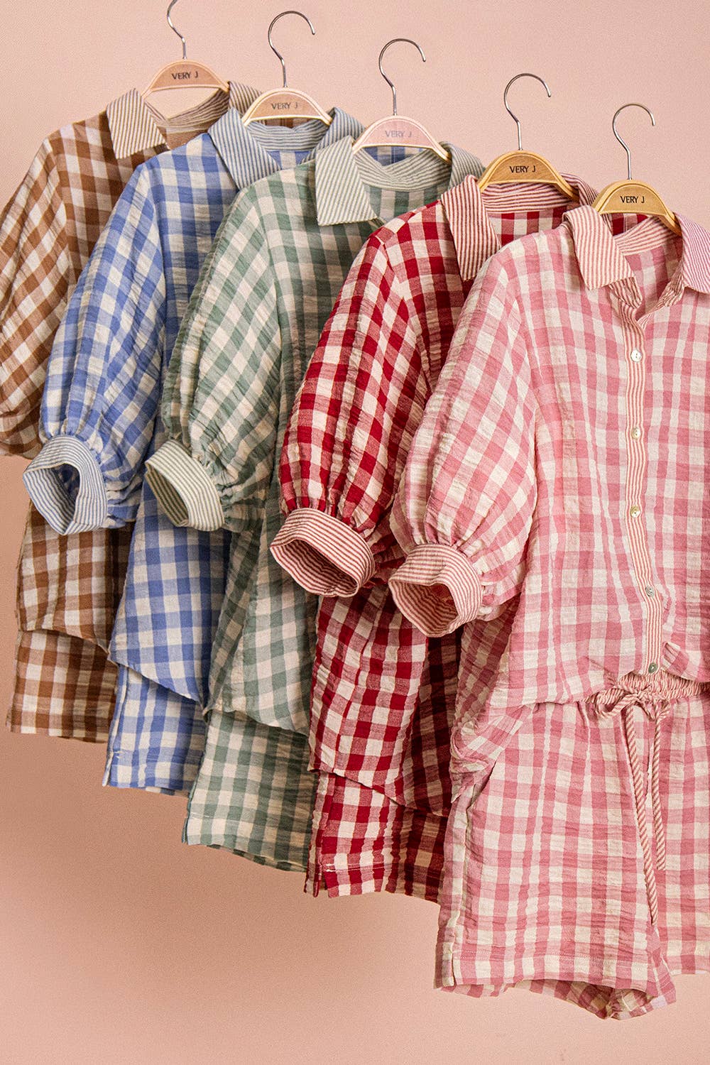 Plaid Checkered Shirt Top & Shorts Set: MOCHA