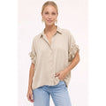 Short Ruffle Sleeve Button-up Blouse: beige