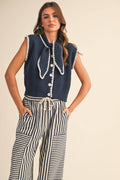 TIE NECK SWEATER VEST -Navy White