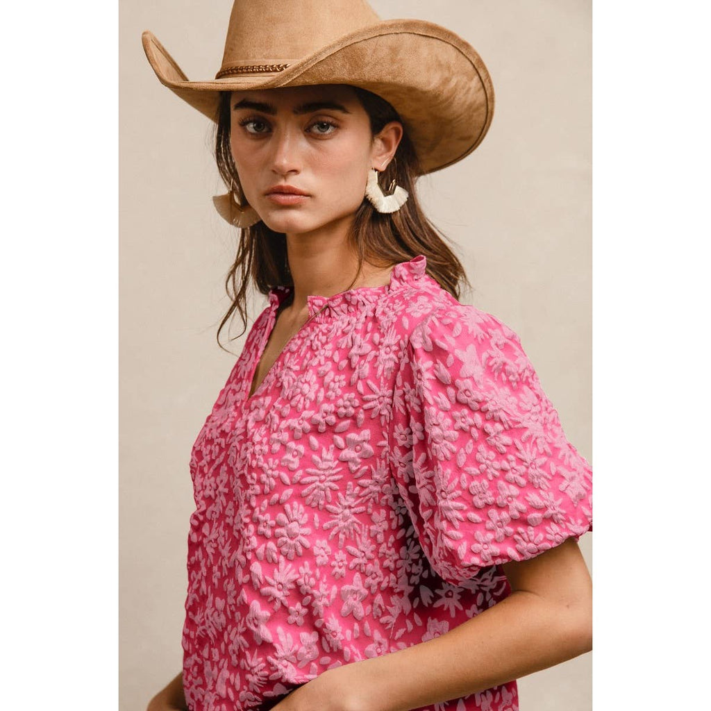FLORAL PATTERN RUFFLED V-NECK TOP: FUCHSIA