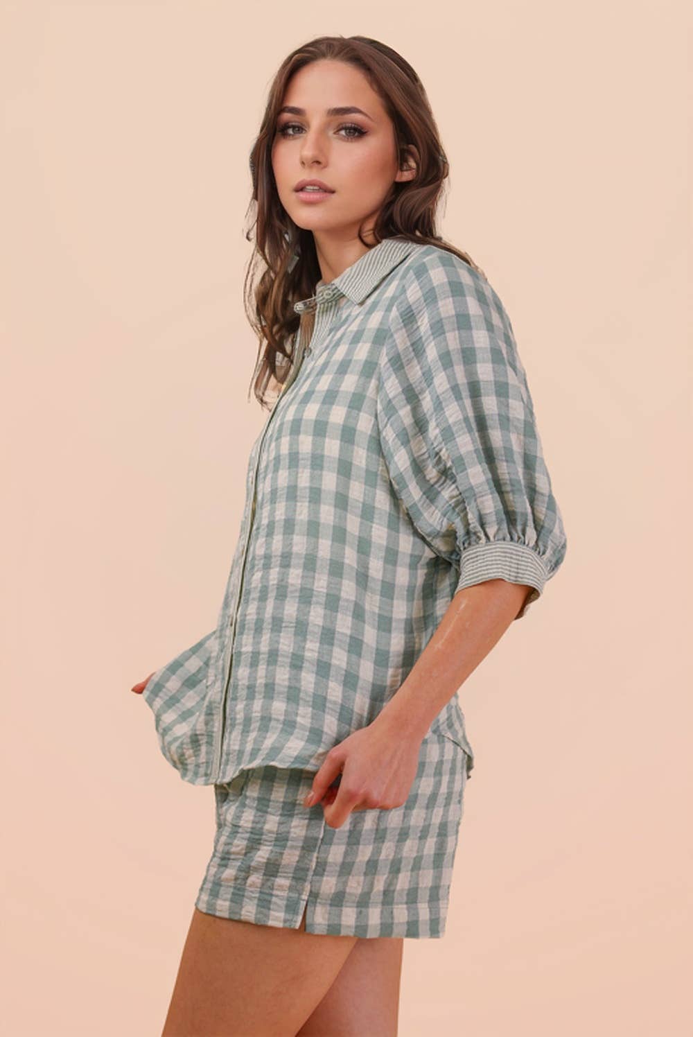 Plaid Checkered Shirt Top & Shorts Set: SAGE