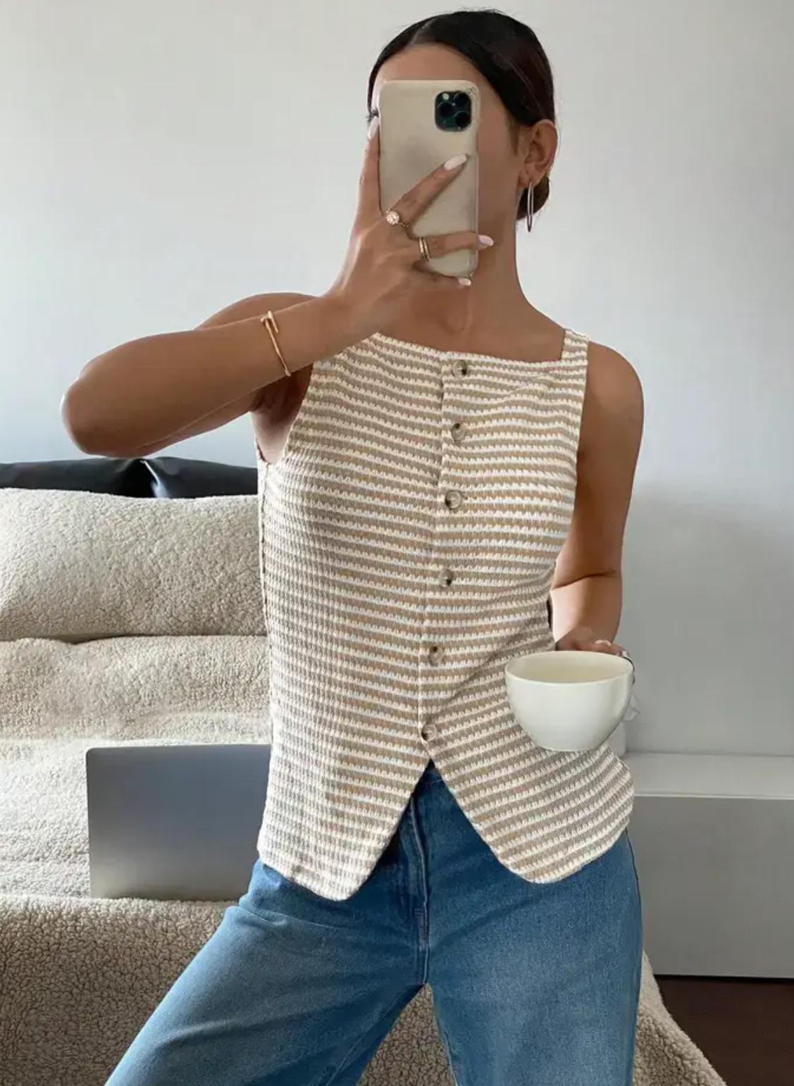 Striped knit button front Tank
