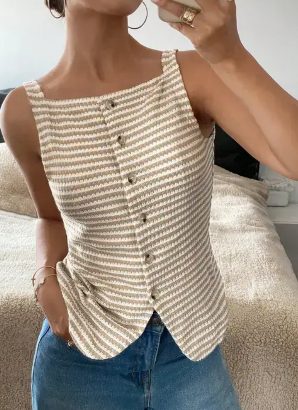 Striped knit button front Tank