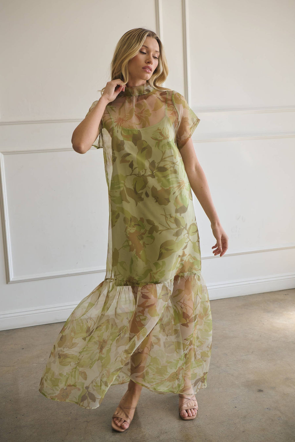 Ellery Floral Dime Organza Maxi Dress: GREEN-MULTI / S