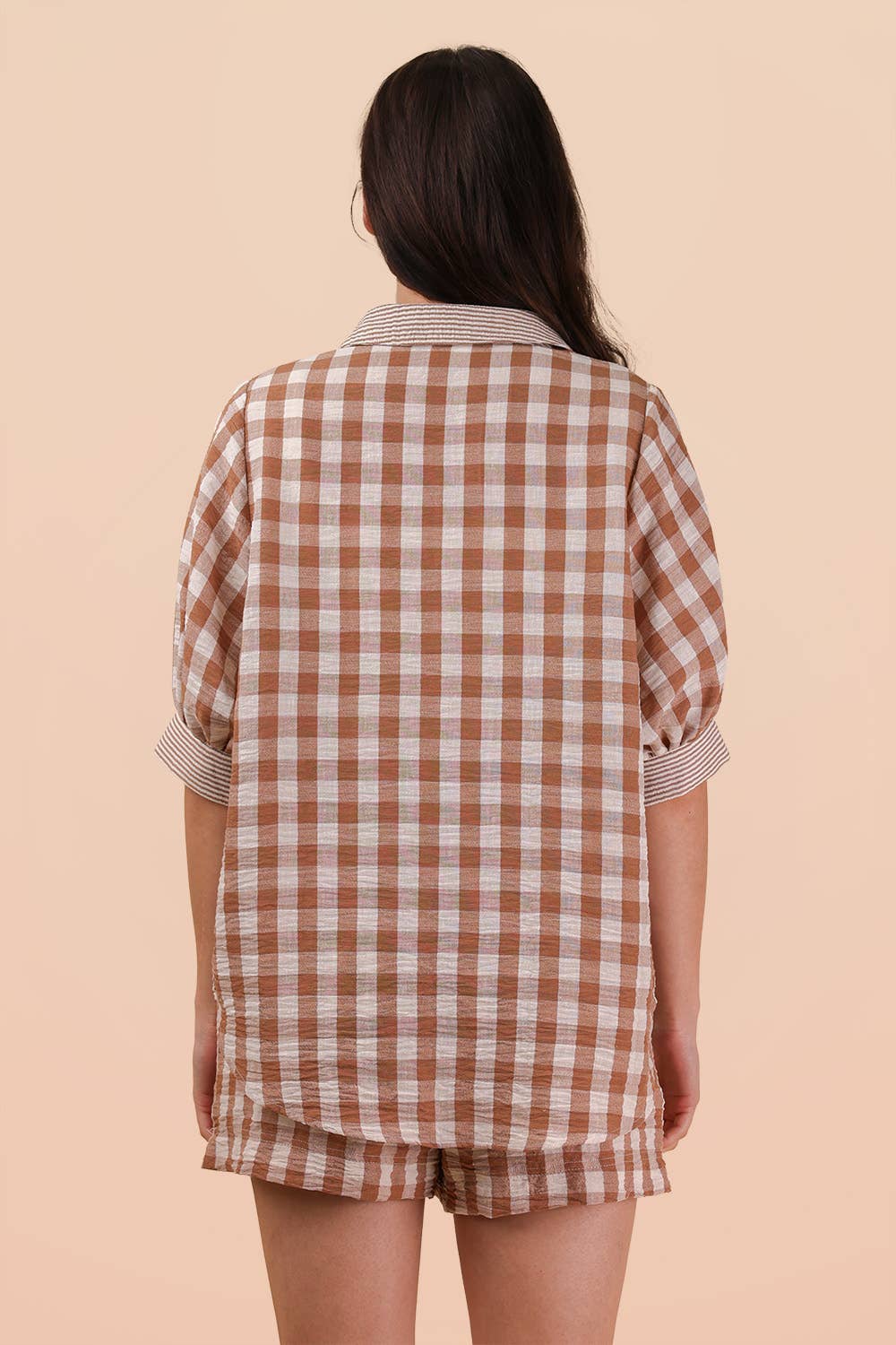 Plaid Checkered Shirt Top & Shorts Set: MOCHA