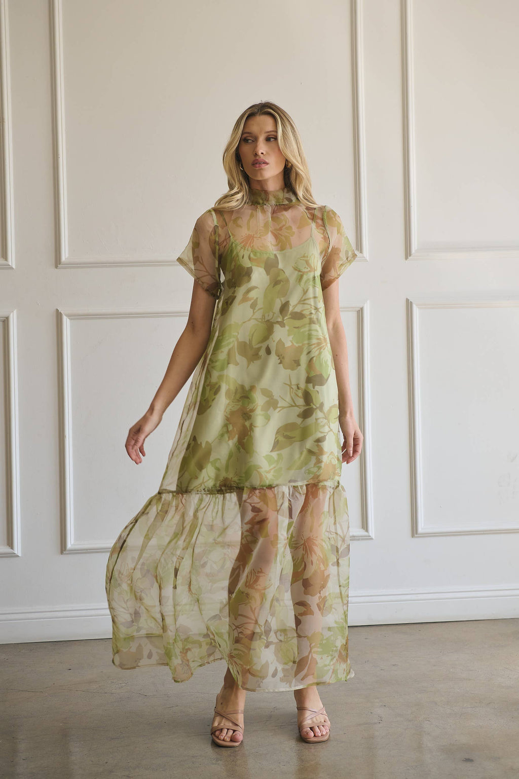 Ellery Floral Dime Organza Maxi Dress: GREEN-MULTI / S