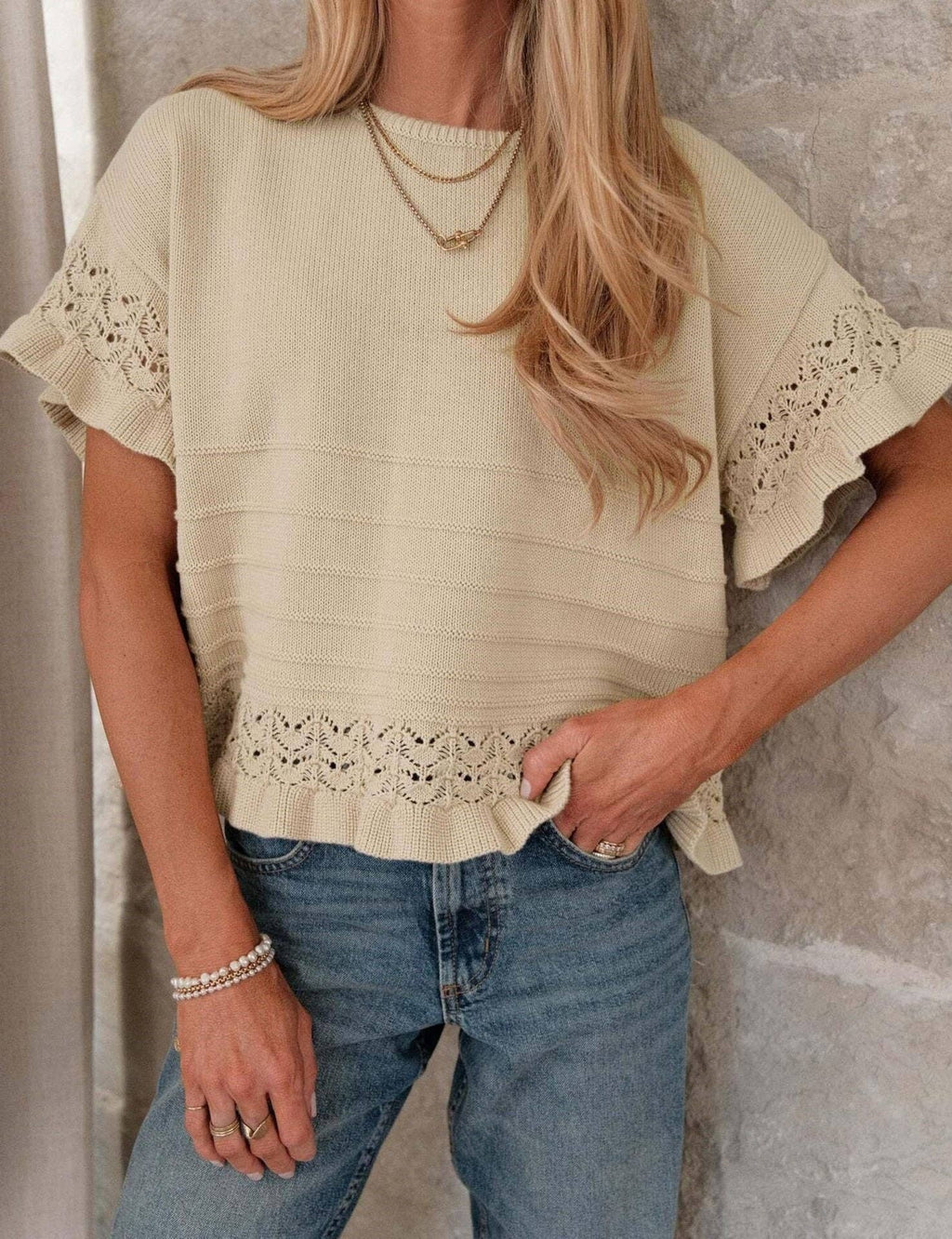 Knit Top- Ruffle Sleeve: Khaki