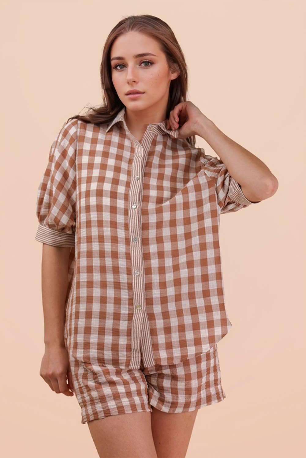 Plaid Checkered Shirt Top & Shorts Set: MOCHA