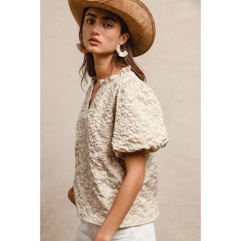 FLORAL PATTERN RUFFLED V-NECK TOP: FUCHSIA
