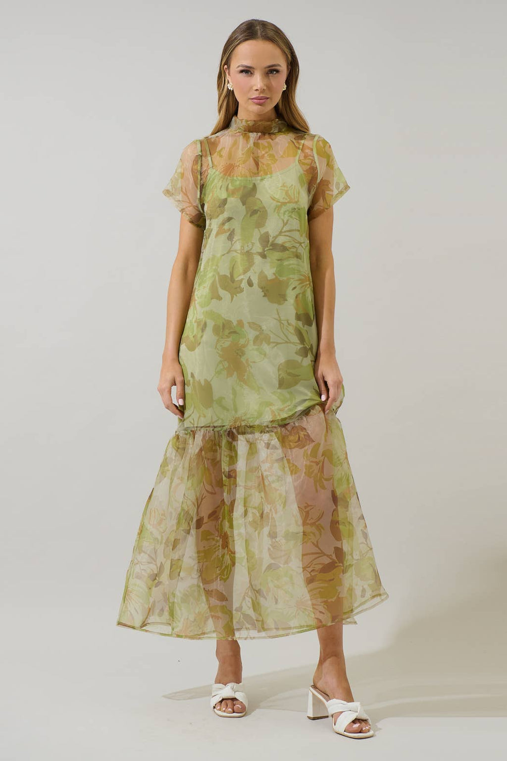 Ellery Floral Dime Organza Maxi Dress: GREEN-MULTI / S