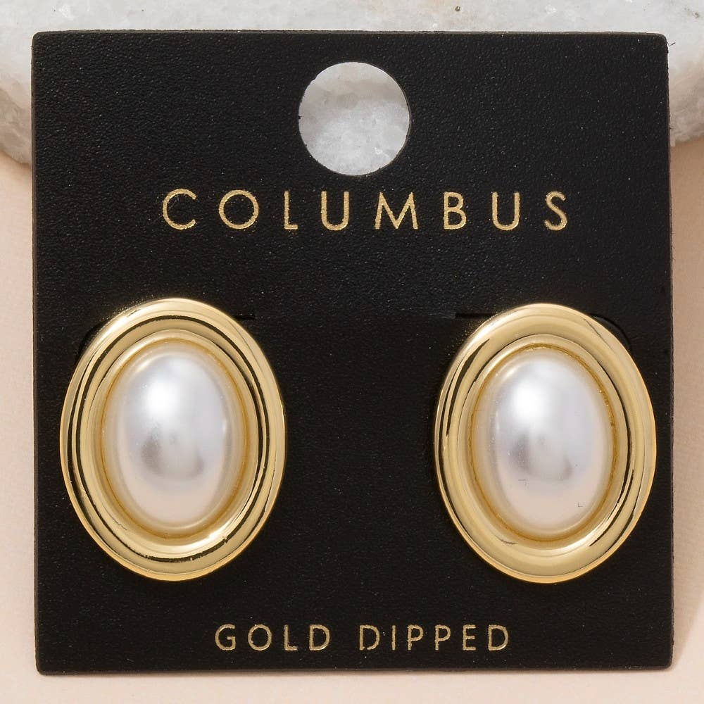 Gold Dipped Vintage Oval Pearl Stud Earrings: GOLD