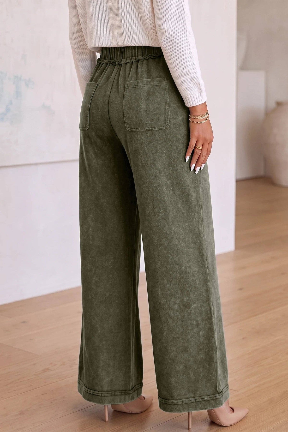 Ashleigh Blue Mineral Wash Seam Detail Flare Leg Drawstring Pants: Green